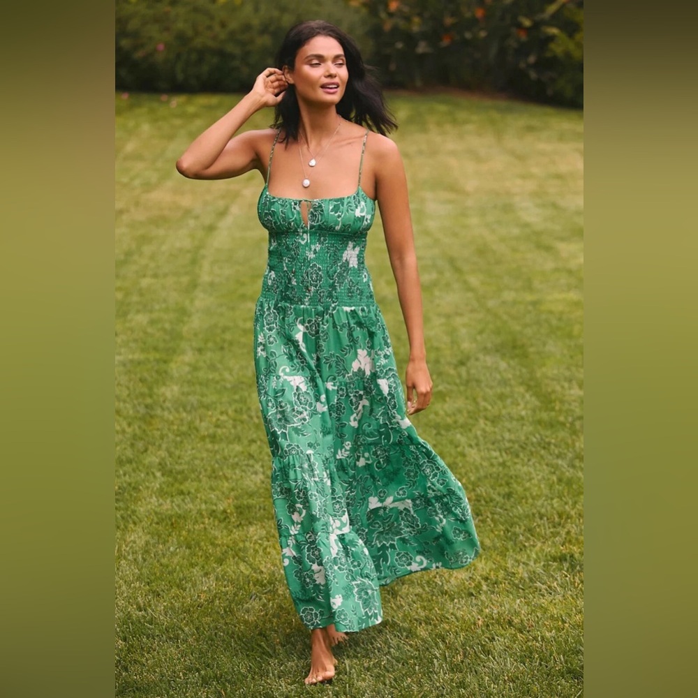 Anthropologie The Josephine Smocked Drop-Waist Dress Green Floral Dress L Petite